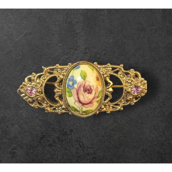 Vintage Gold Brooch With Rose Cameo & Pink Rhinestones 2.5" Floral Design Elegan - Picture 1 of 6